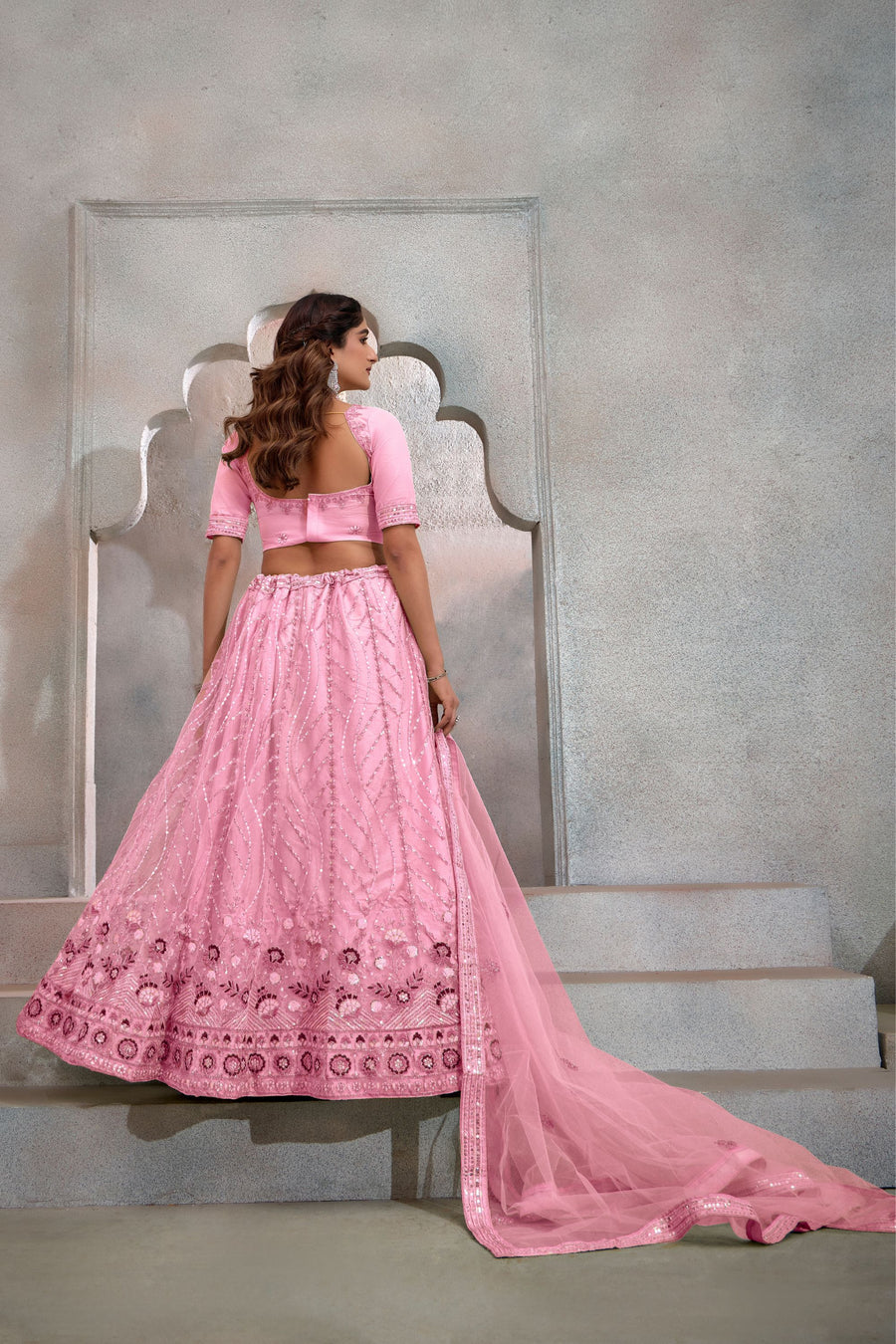 Baby Pink Net Lehenga Choli For Indian Festival & Weddings - Thread Embroidery Work, Sequence Embroidery Work