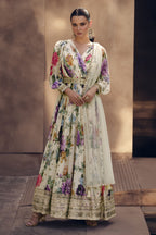 White Georgette Floor Full Length Flower Printed Anarkali Gown For Indian Festivals & Weddings - Embroidery Work, Print Work