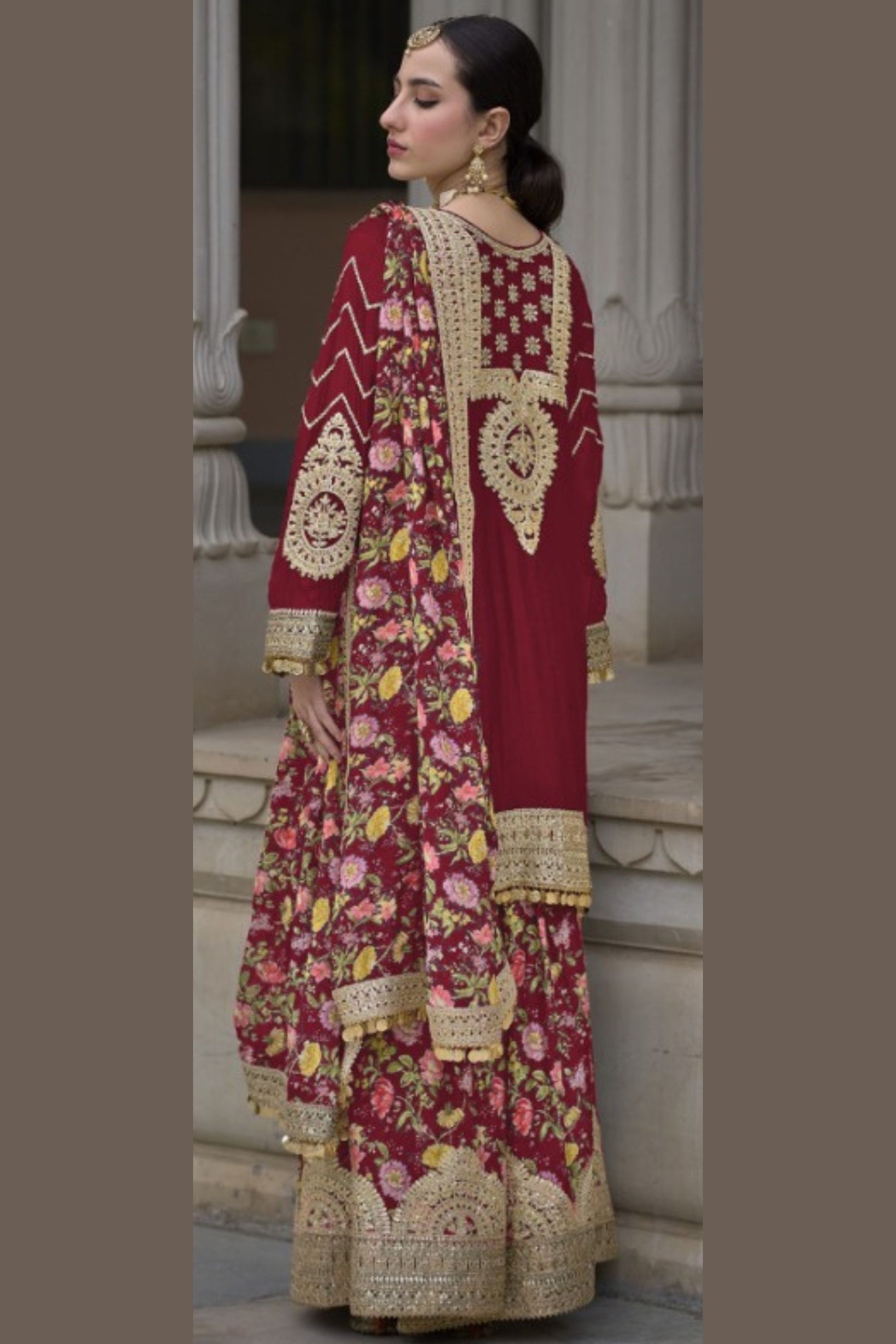 Maroon Chinon Silk Kameez with Plazzo And Dupatta For Indian Suit Festivals & Pakistani Weddings - Embroidery Work