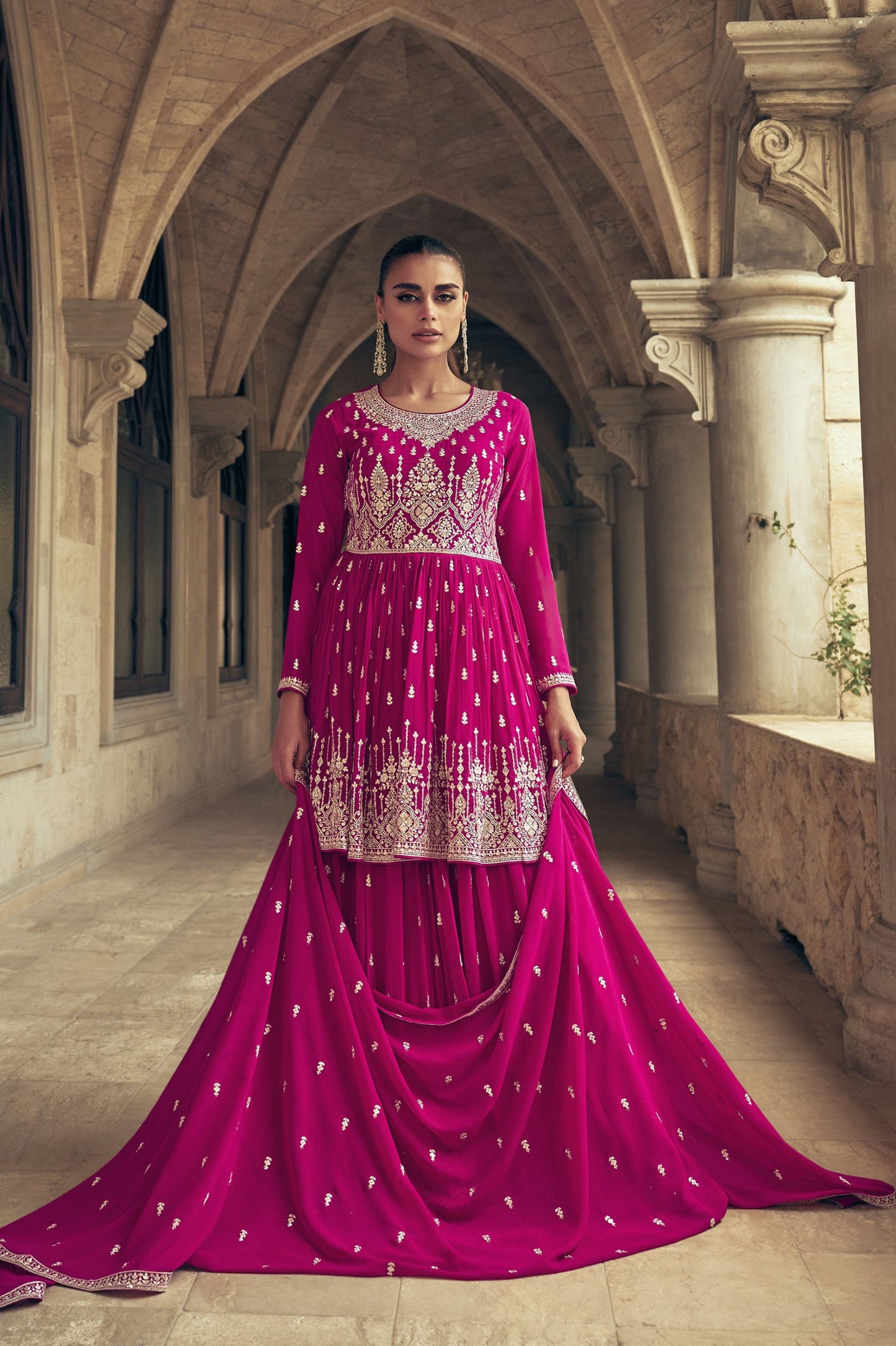 Pink Georgette Salwar Kameez For Indian & Pakistani Party, Festivals & Weddings - Thread Embroidery Work