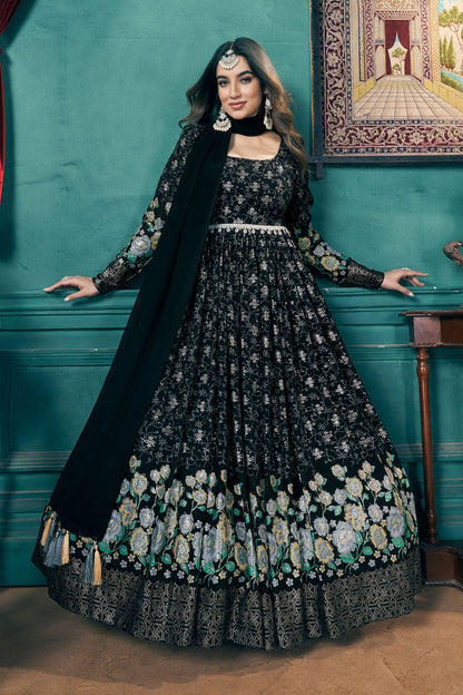 Black Georgette Full Floor Length Anarkali Suit For Indian Festival & Wedding - Metallic Foil Work