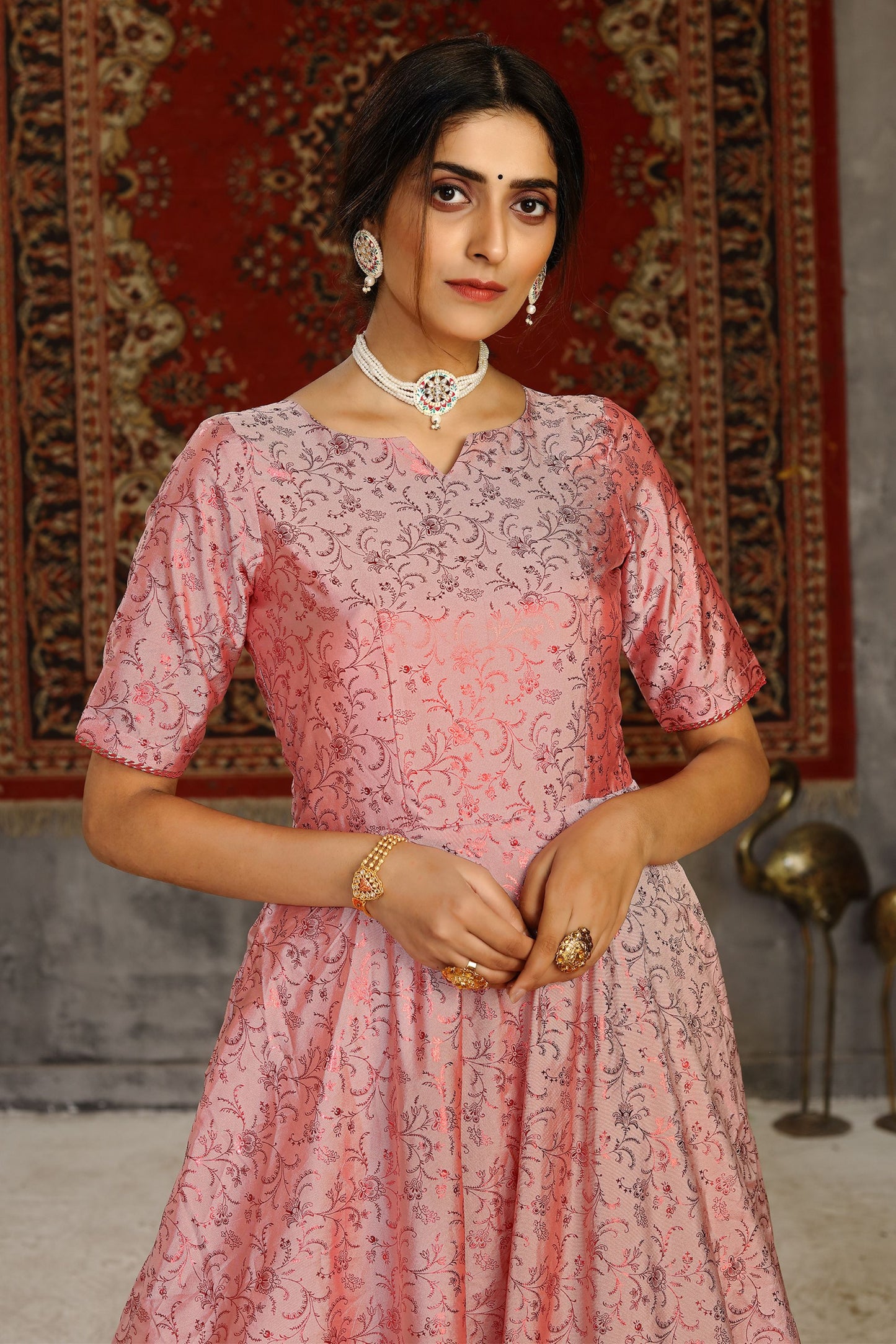 Pink Pakistani Tafetta Anarkali Gown For Indian Festivals & Weddings - Foil Work