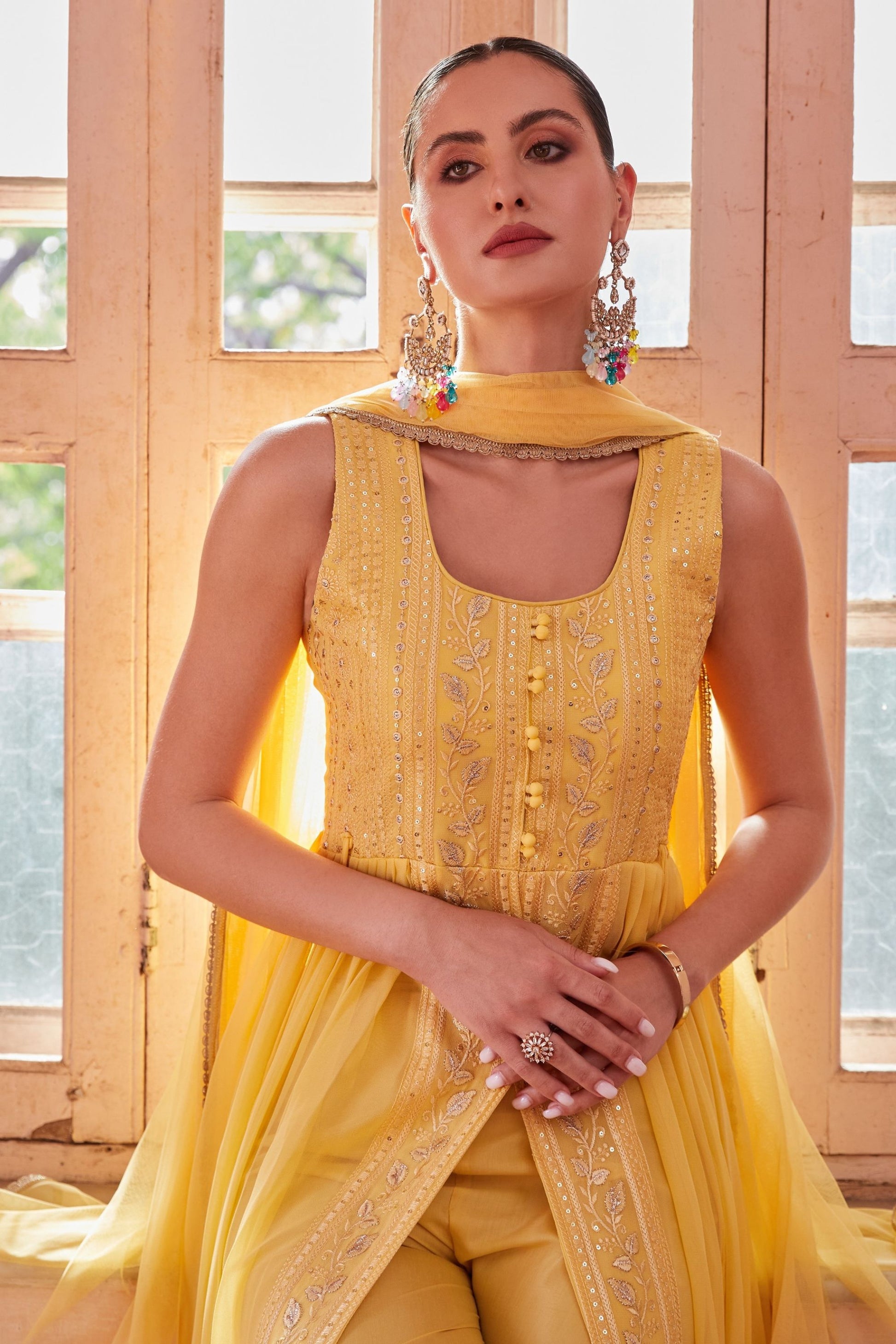 Yellow Georgette Long Anarkali with Front Slit and Pant For Indian Festivals & Weddings - Thread & Sequence Embroidery Work, Zari Work