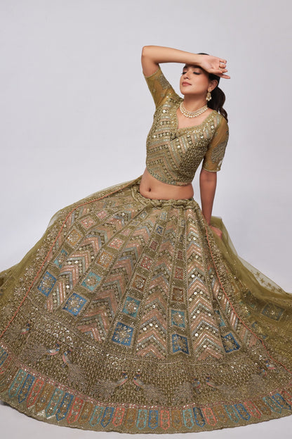 Olive Green Soft Net Lehenga Choli For Indian Festivals & Weddings - Sequins Work, Dori Work, Zarkan Work, Thread Work