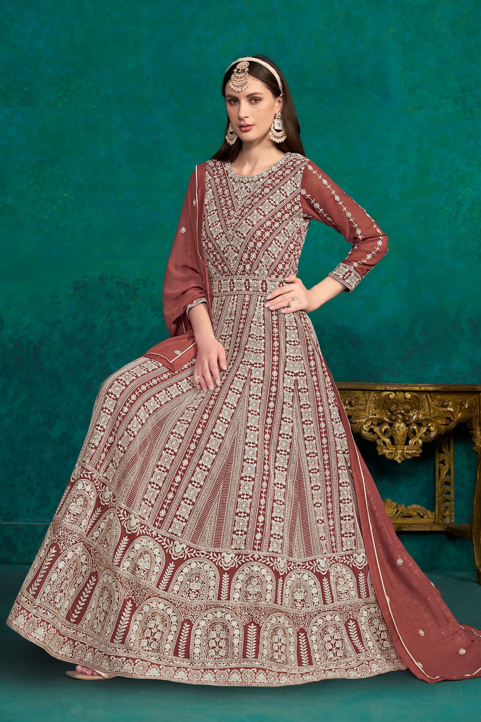 Brown Georgette Full Floor Length Anarkali Dress For Indian Festivals & Weddings - Lucknowi Work