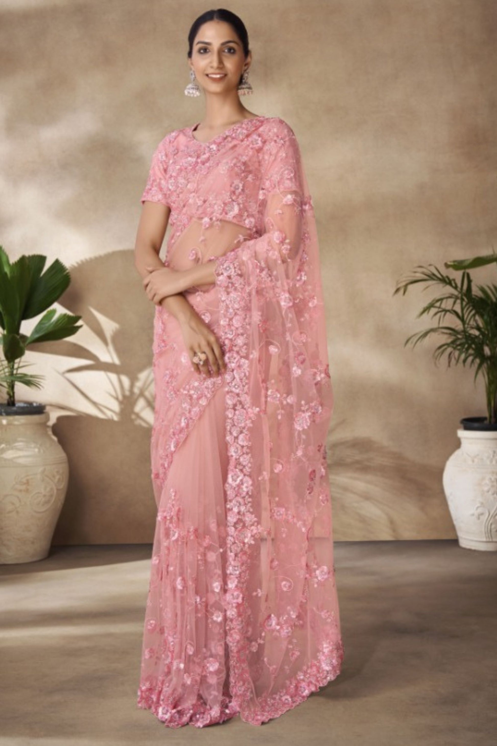 Peach Net Indian Saree with Blouse for Festival & Weddings - Sequence Embroidery Work, Thread Embroidery Work, Zarkan Work