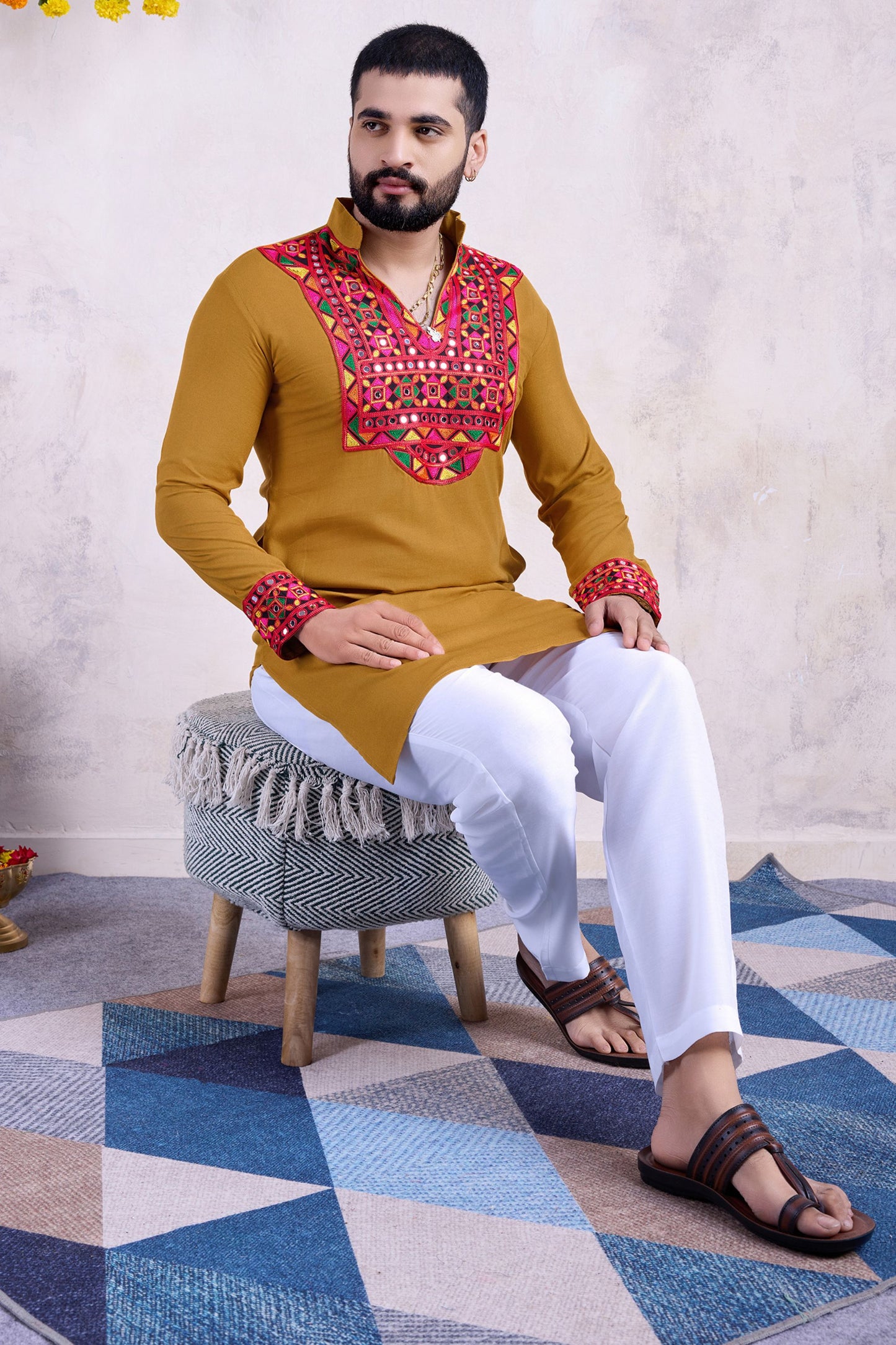 Yellow Rayon Kurta Pyjama for Men For Navratri Garba Festivals - Embroidery Work, Real Mirror Work