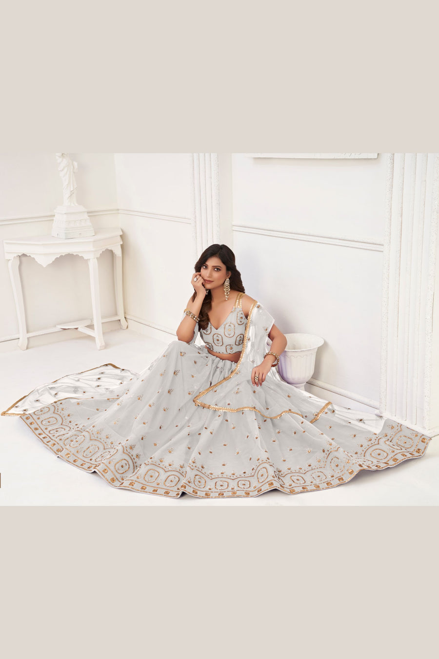 White Net Lengha Choli For Indian Festivals & Pakistani Weddings Dress - Embroidery Work
