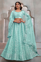 Cyan Net Lehenga Choli For Indian Festival & Weddings - Thread Embroidery Work, Sequence Embroidery Work