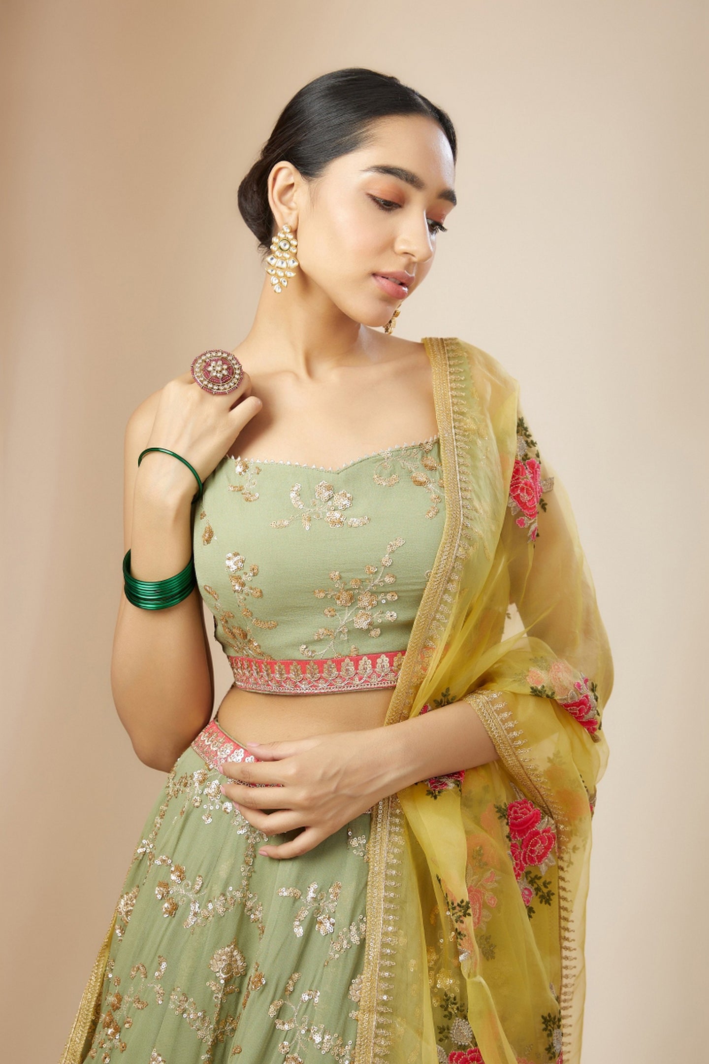 Green Georgette Lehenga Choli For Indian & Pakistani Wedding Festival - Thread Embroidery Work, Sequence Embroidery Work, Print Work, Zari Work