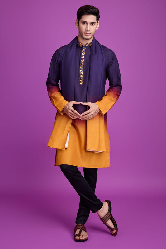 Purple Mustard Rayon Dual Color Kurta Pyjama for Men For Navratri Garba Festivals - Mirror Work