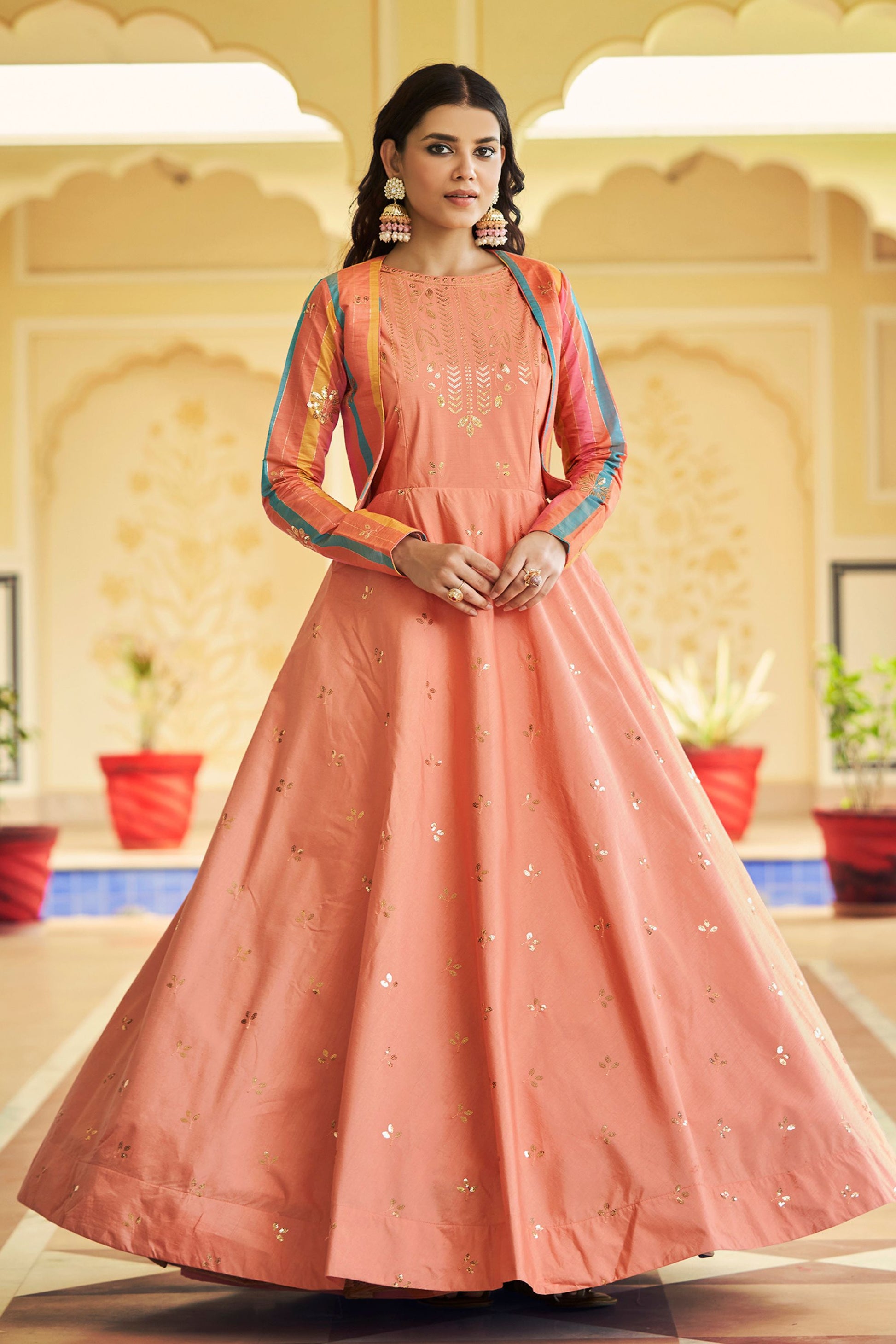 Orange Cotton Anarkali Suit with Indian Cotton Dresses Thread Work, Sequence Embroidery Work