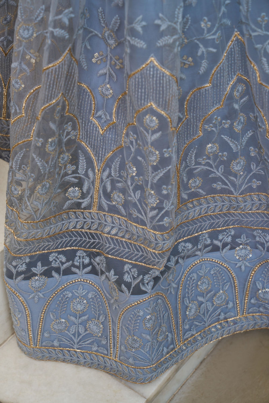 Blue Gray Net Embroidered Lehenga Choli For Indian Festival & Weddings - Thread Embroidery Work, Sequence Embroidery Work