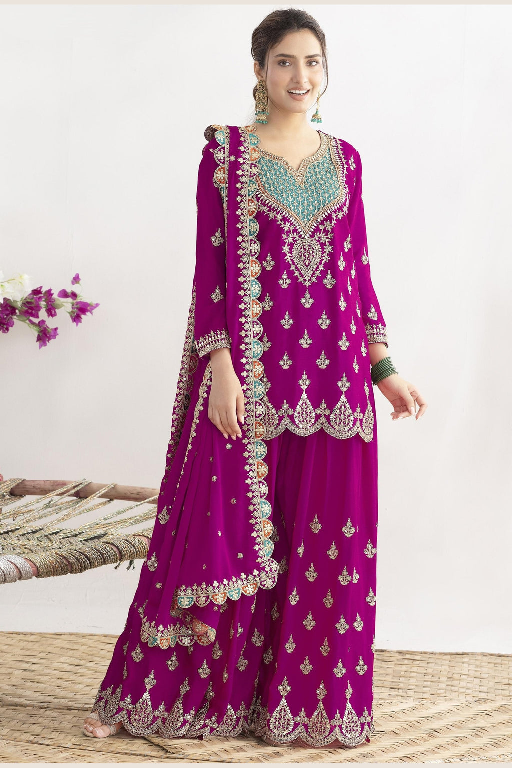 Pink Chinon Silk Plazo Suit For Indian & Pakistani Wedding Festival - Real Mirror Work, Dori Work, Sequins Embroidery Work