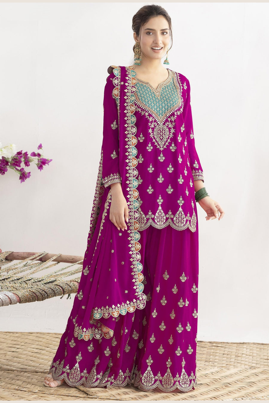 Pink Chinon Silk Plazo Suit For Indian & Pakistani Wedding Festival - Real Mirror Work, Dori Work, Sequins Embroidery Work