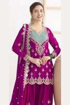 Pink Chinon Silk Plazo Suit For Indian & Pakistani Wedding Festival - Real Mirror Work, Dori Work, Sequins Embroidery Work