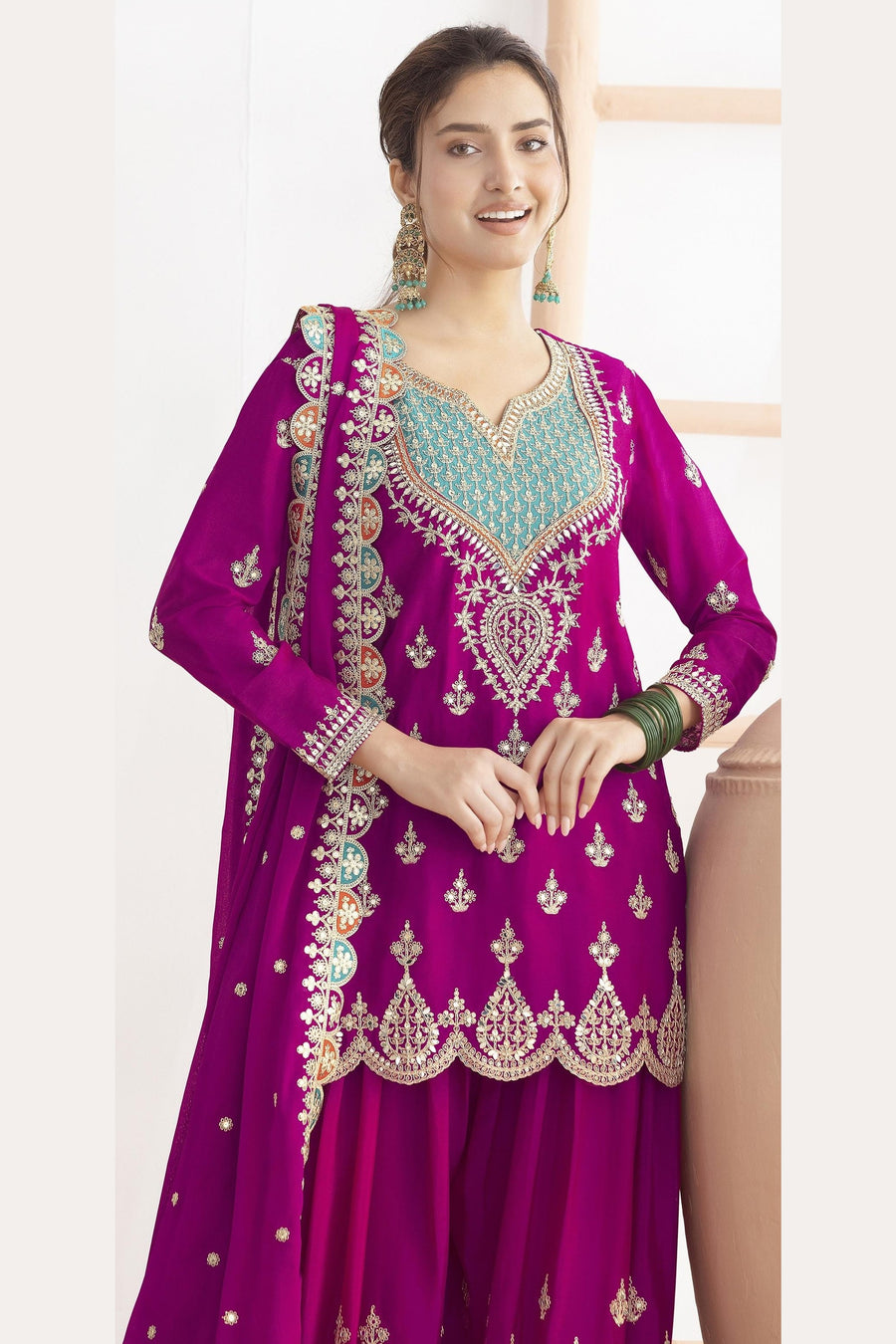 Pink Chinon Silk Plazo Suit For Indian & Pakistani Wedding Festival - Real Mirror Work, Dori Work, Sequins Embroidery Work