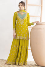 Yellow Chinon Silk Plazo Suit For Indian & Pakistani Wedding Festival - Real Mirror Work, Dori Work, Sequins Embroidery Work