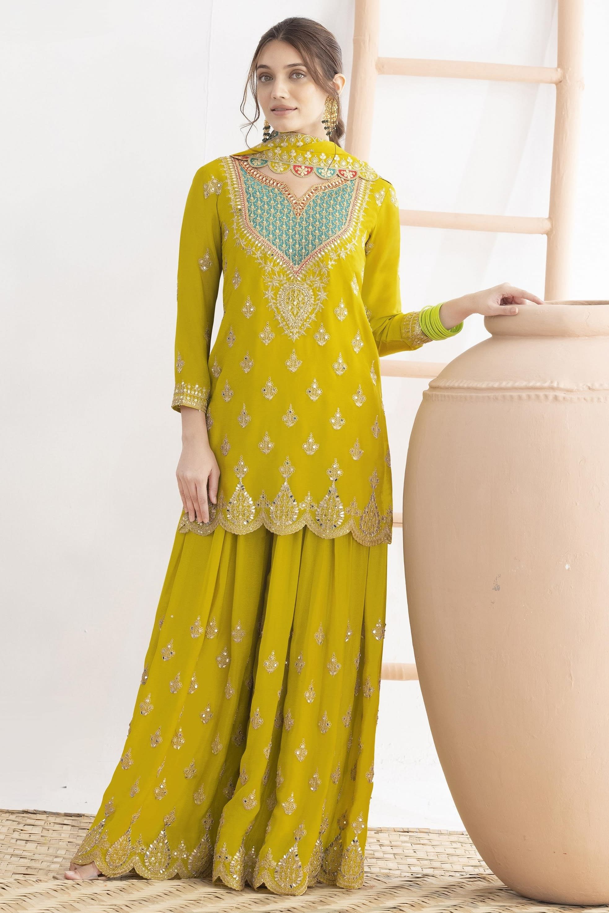 Yellow Chinon Silk Plazo Suit For Indian & Pakistani Wedding Festival - Real Mirror Work, Dori Work, Sequins Embroidery Work