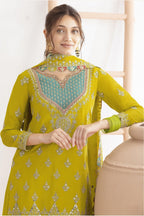 Yellow Chinon Silk Plazo Suit For Indian & Pakistani Wedding Festival - Real Mirror Work, Dori Work, Sequins Embroidery Work