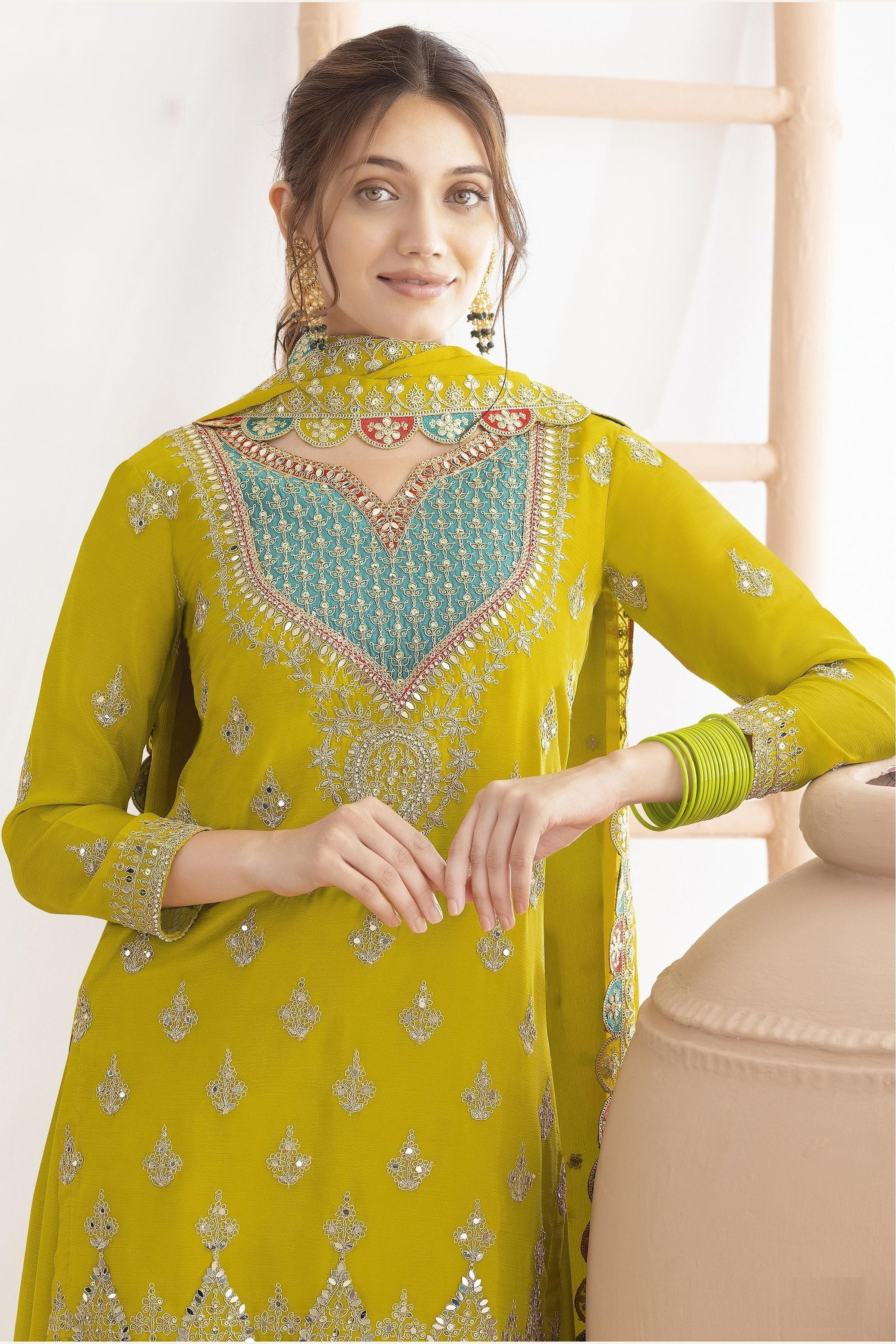 Yellow Chinon Silk Plazo Suit For Indian & Pakistani Wedding Festival - Real Mirror Work, Dori Work, Sequins Embroidery Work
