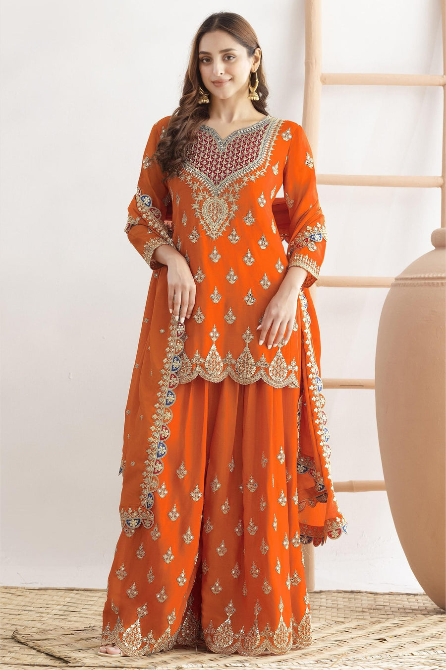 Orange Chinon Silk Plazo Suit For Indian & Pakistani Wedding Festival - Real Mirror Work, Dori Work, Sequins Embroidery Work
