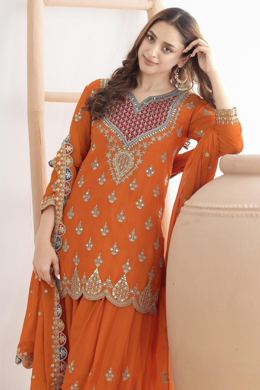 Orange Chinon Silk Plazo Suit For Indian & Pakistani Wedding Festival - Real Mirror Work, Dori Work, Sequins Embroidery Work