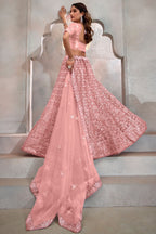 Peach Net Lehenga Choli For Indian Festival & Weddings - Thread Embroidery Work, Sequence Embroidery Work