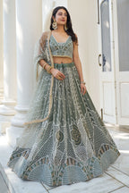 Dusty Green Net Embroidered Lehenga Choli For Indian Festival & Weddings - Thread Embroidery Work, Sequence Embroidery Work