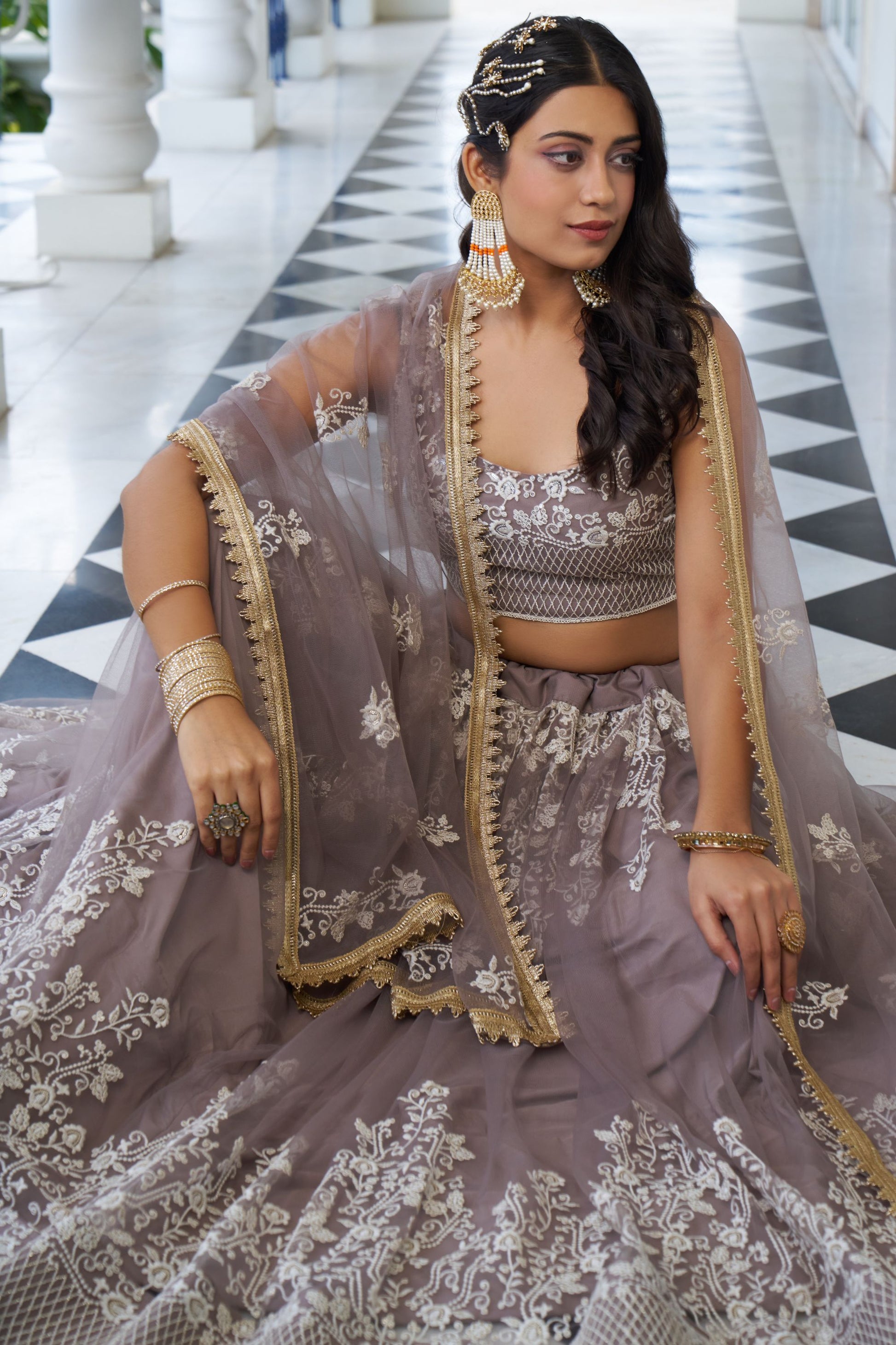 Grey Net Embroidered Lehenga Choli For Indian Festival & Weddings - Embroidery Work