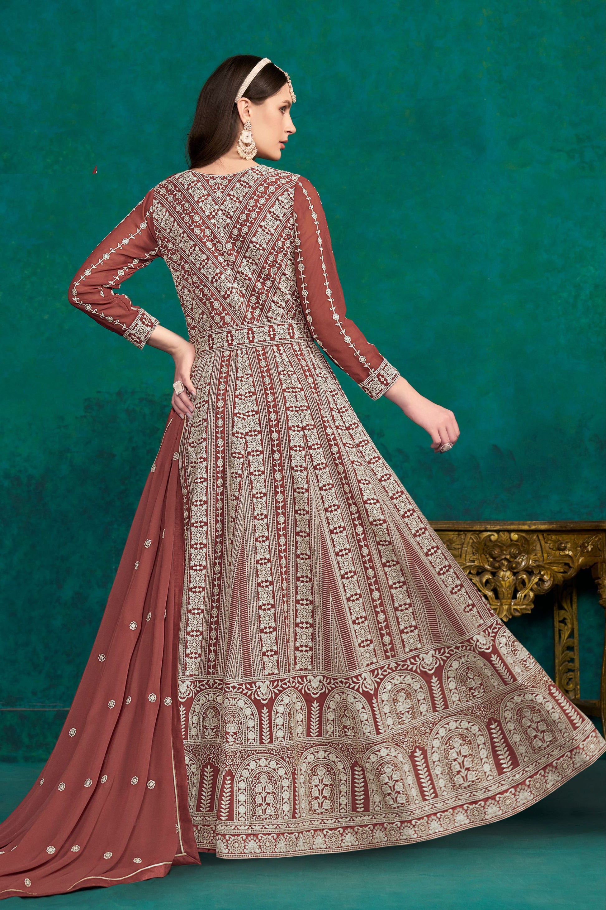 Brown Georgette Full Floor Length Anarkali Dress For Indian Festivals & Weddings - Lucknowi Work