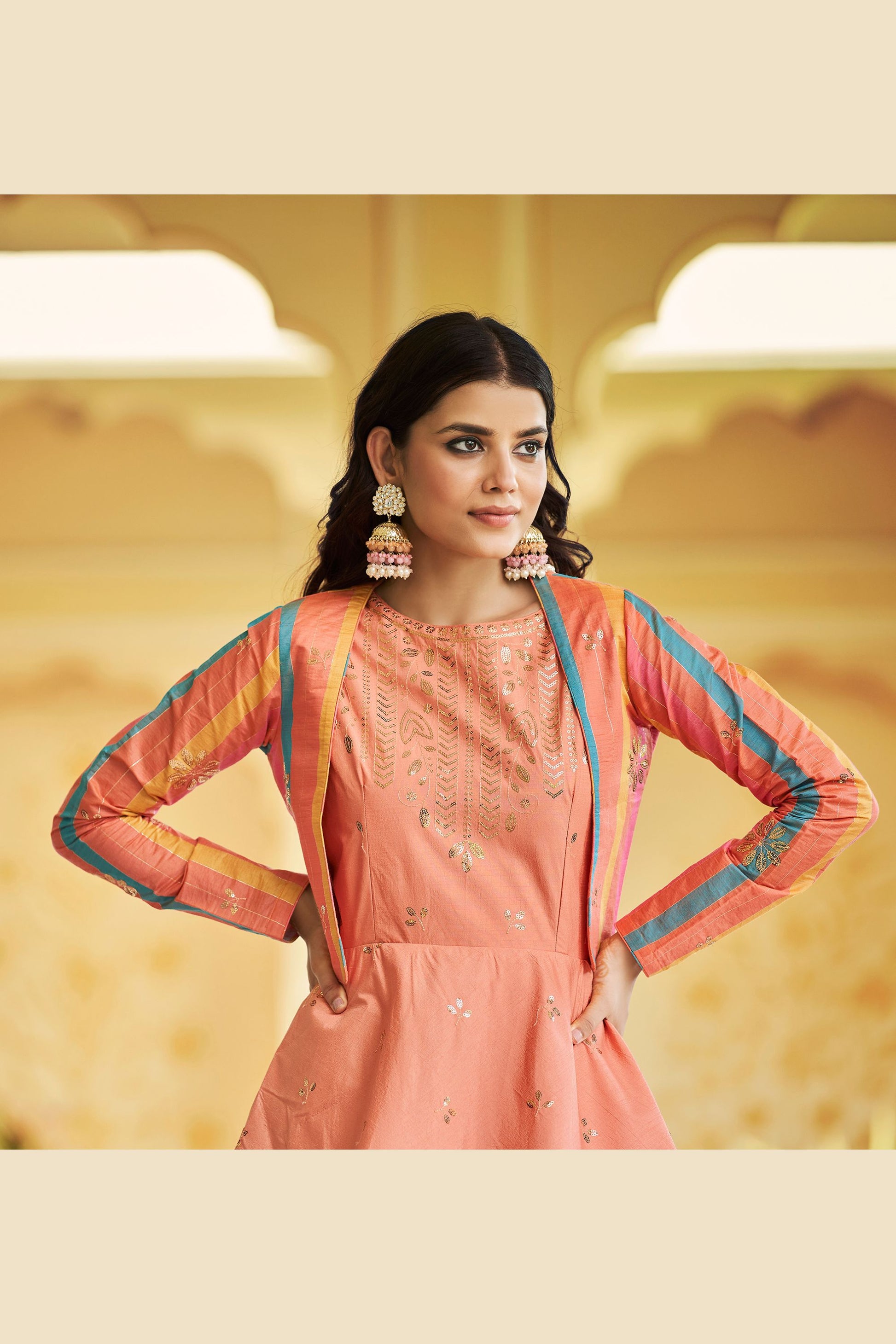 Orange Cotton Pakistani Anarkali Suit For Indian Festivals & Weddings - Thread Work, Sequence Embroidery Work,