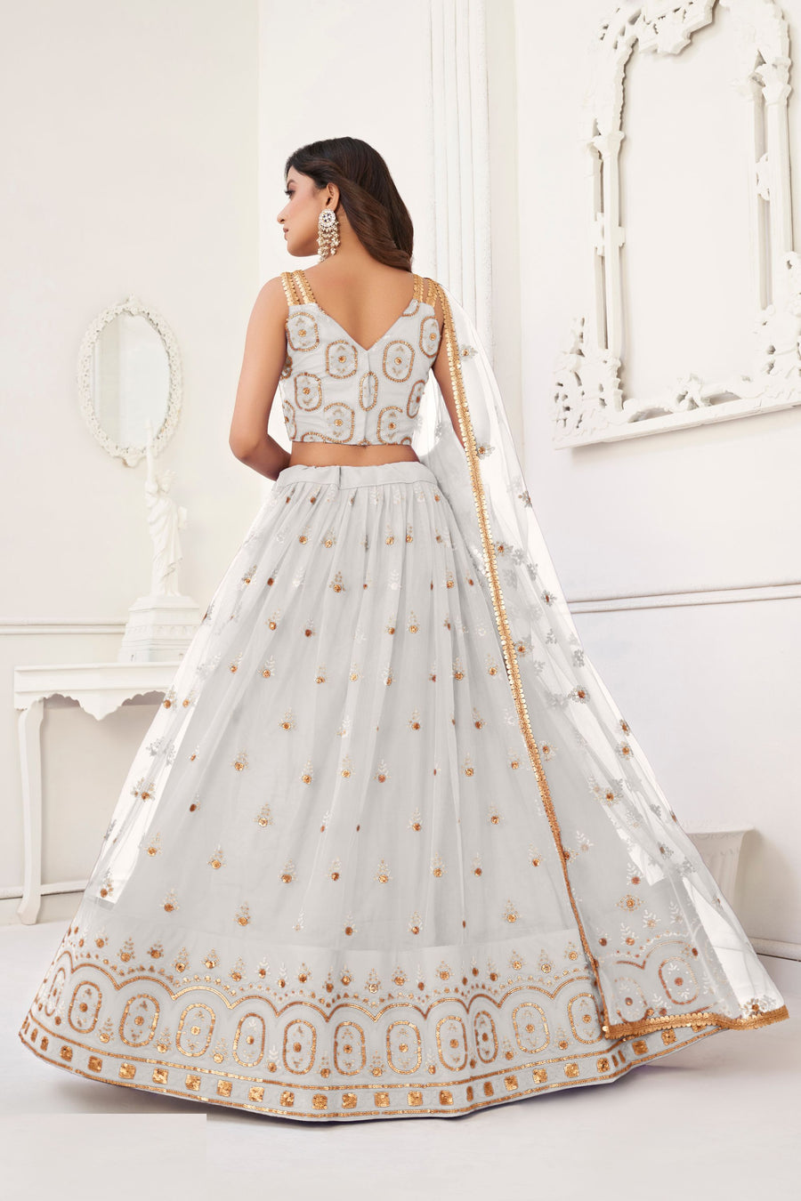 White Net Lengha Choli For Indian Festivals & Pakistani Weddings Dress - Embroidery Work