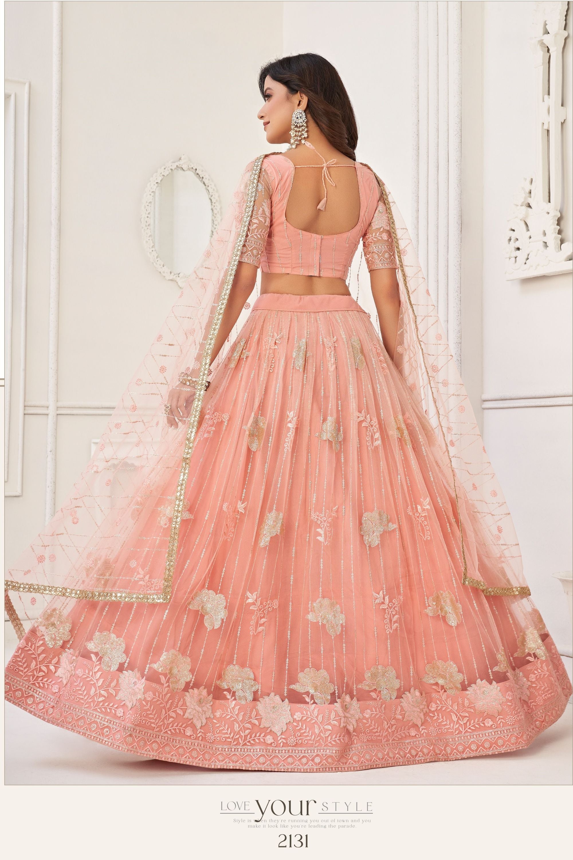 Peach Net Embroidered Lehenga Choli For Indian Festival & Weddings - Embroidery Work