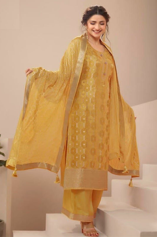 Golden Zari Dola Jacquard Salwar Kameez Suit For Indian Festivals & Pakistani Weddings Dress