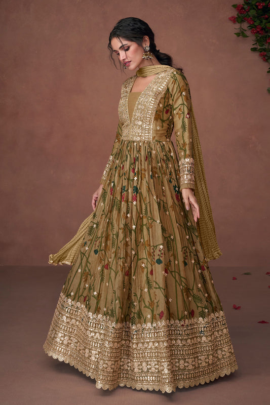 Coffee Pakistani Organza Floor Full Length Flower Printed Anarkali Gown For Indian Festivals & Weddings - Embroidery Work, Print Work