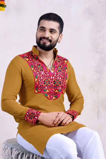 Yellow Rayon Kurta Pyjama for Men For Navratri Garba Festivals - Embroidery Work, Real Mirror Work