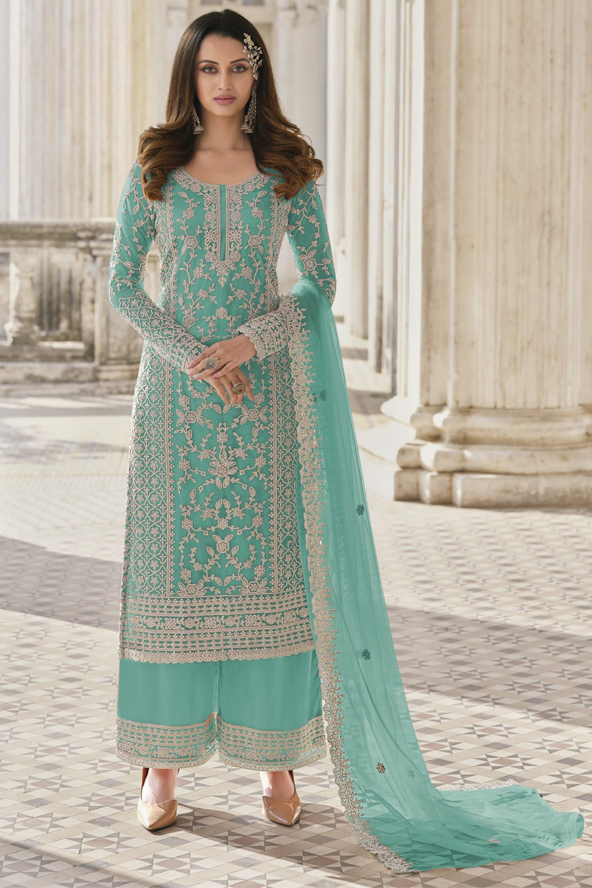 Cyan Net & Cording Work Salwar Kameez Plazzo Suit For Indian Wedding & Festival - Embroidery Work, Cording Work