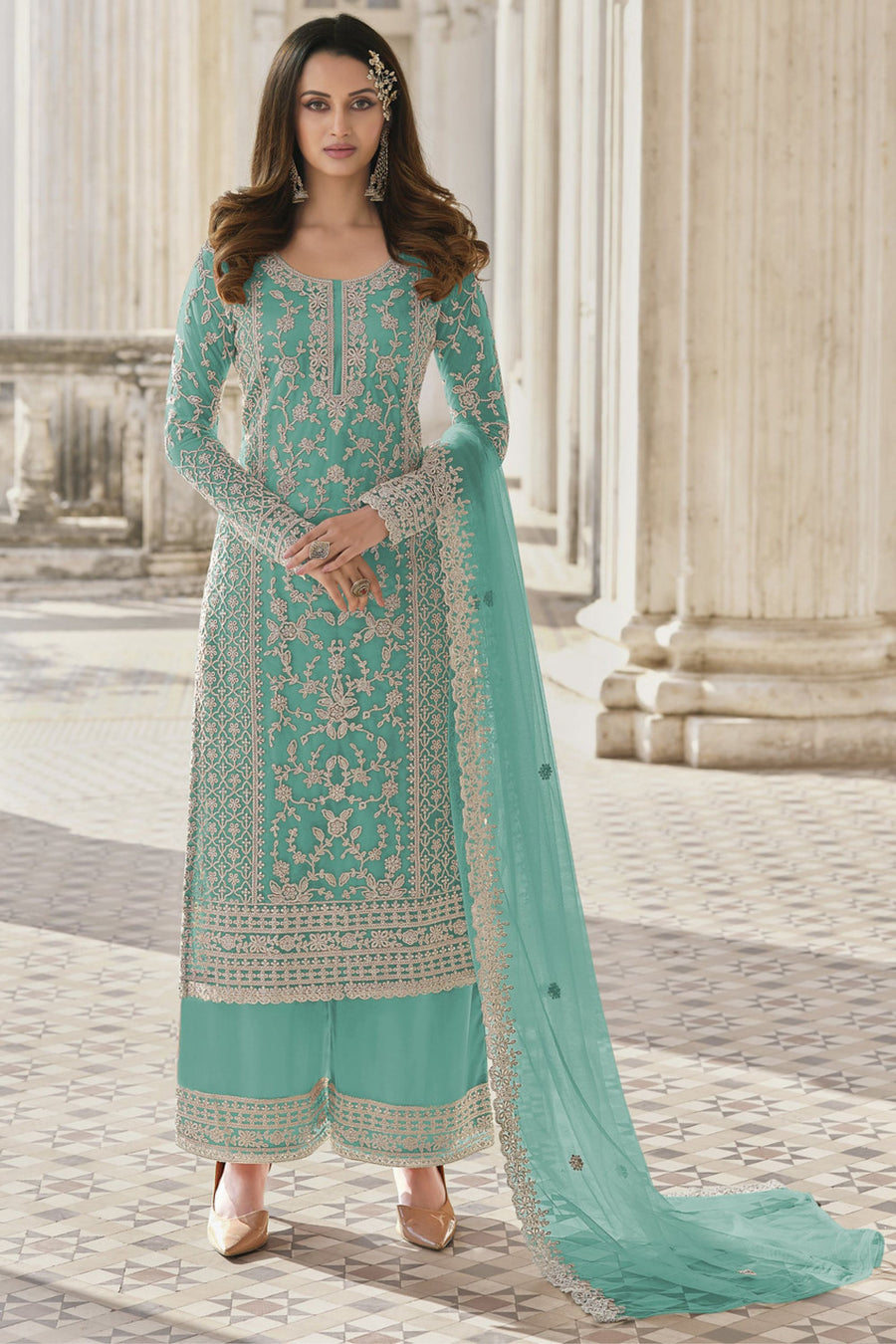 Cyan Net & Cording Work Salwar Kameez Plazzo Suit For Indian Wedding & Festival - Embroidery Work, Cording Work