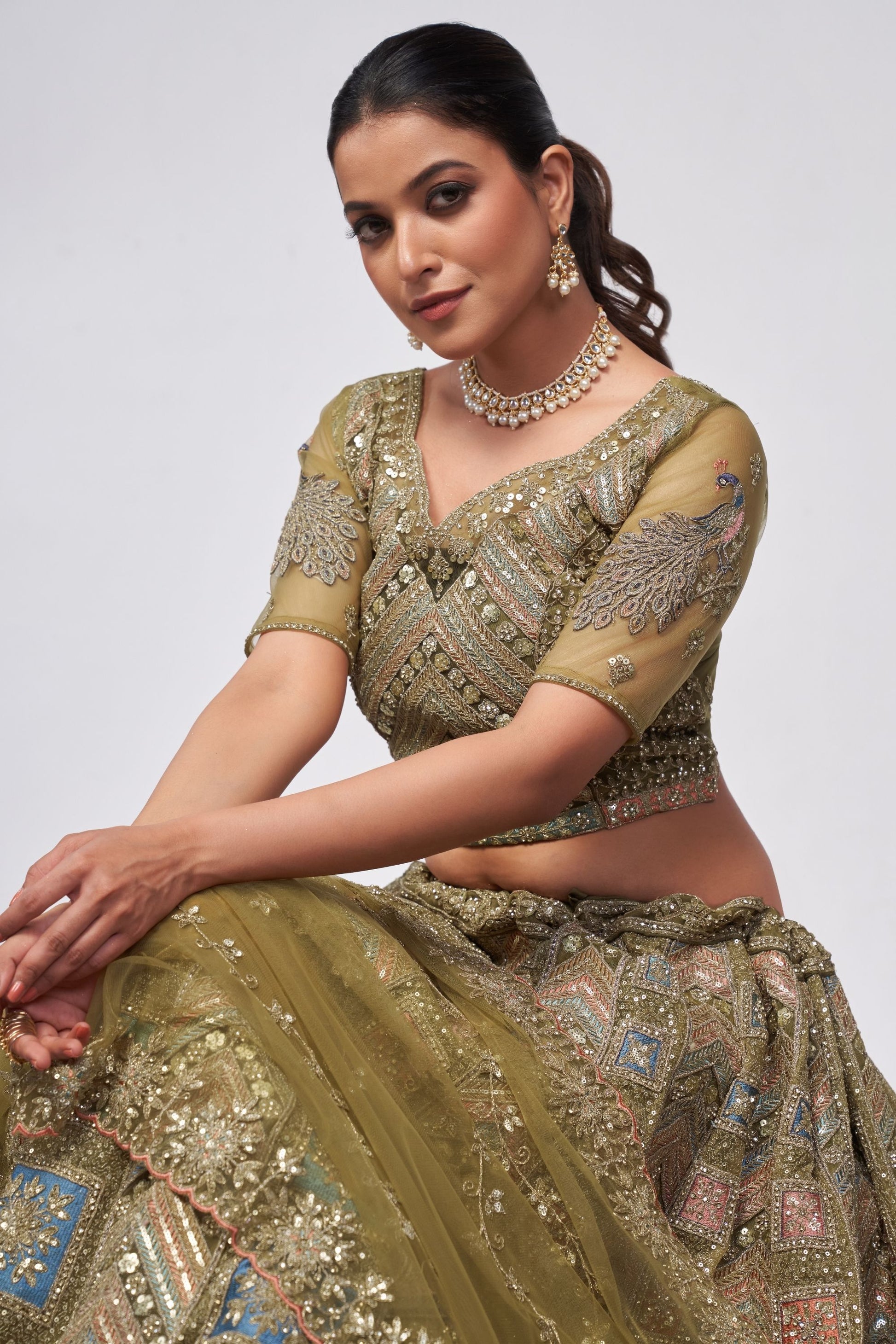 Olive Green Soft Net Lehenga Choli For Indian Festivals & Weddings - Sequins Work, Dori Work, Zarkan Work, Thread Work