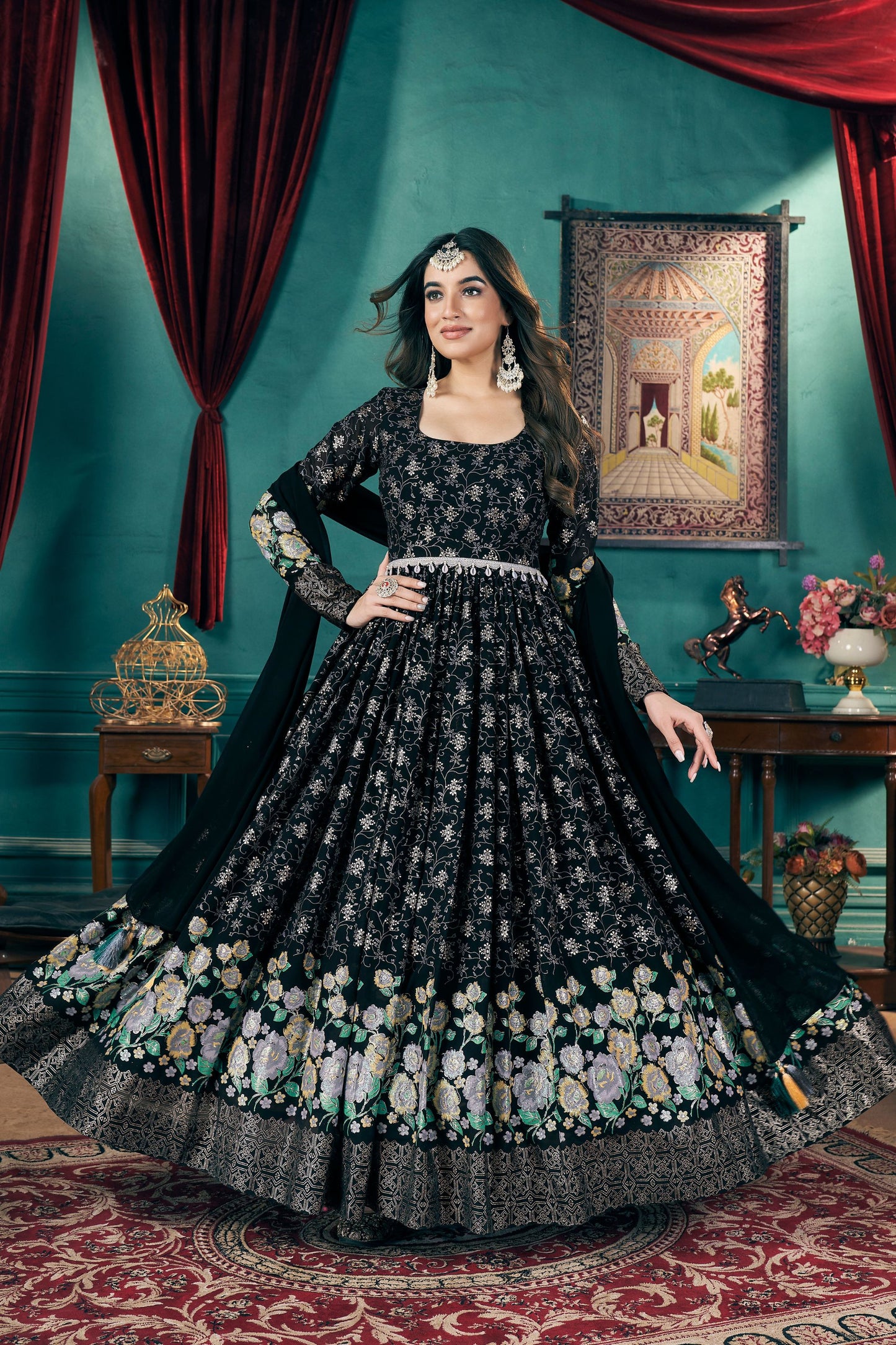 Black Georgette Full Floor Length Anarkali Suit For Indian Festival & Wedding - Metallic Foil Work