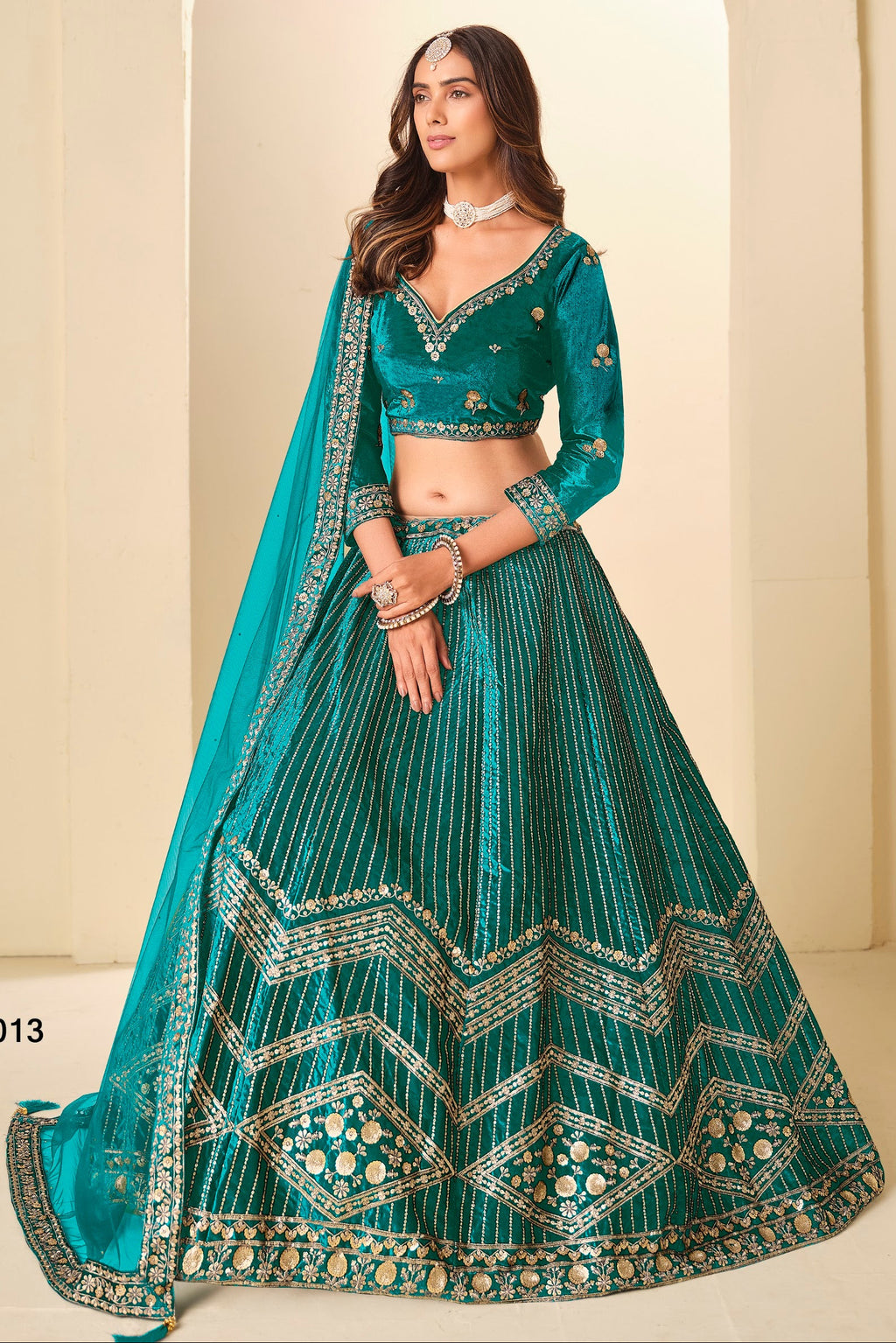 Teal Velvet Marriage Lehenga Choli with Sequins & Thread