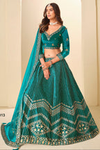 Teal Velvet Marriage Lehenga Choli with Sequins & Thread