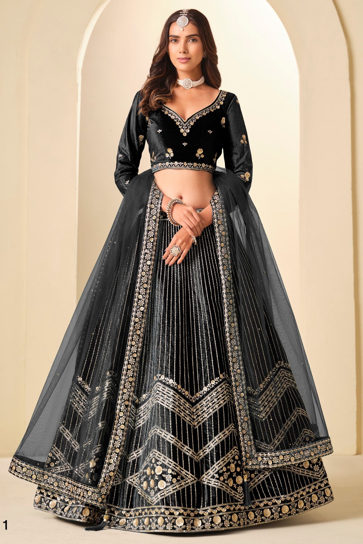 Black Velvet Marriage Lehenga Choli with Sequins