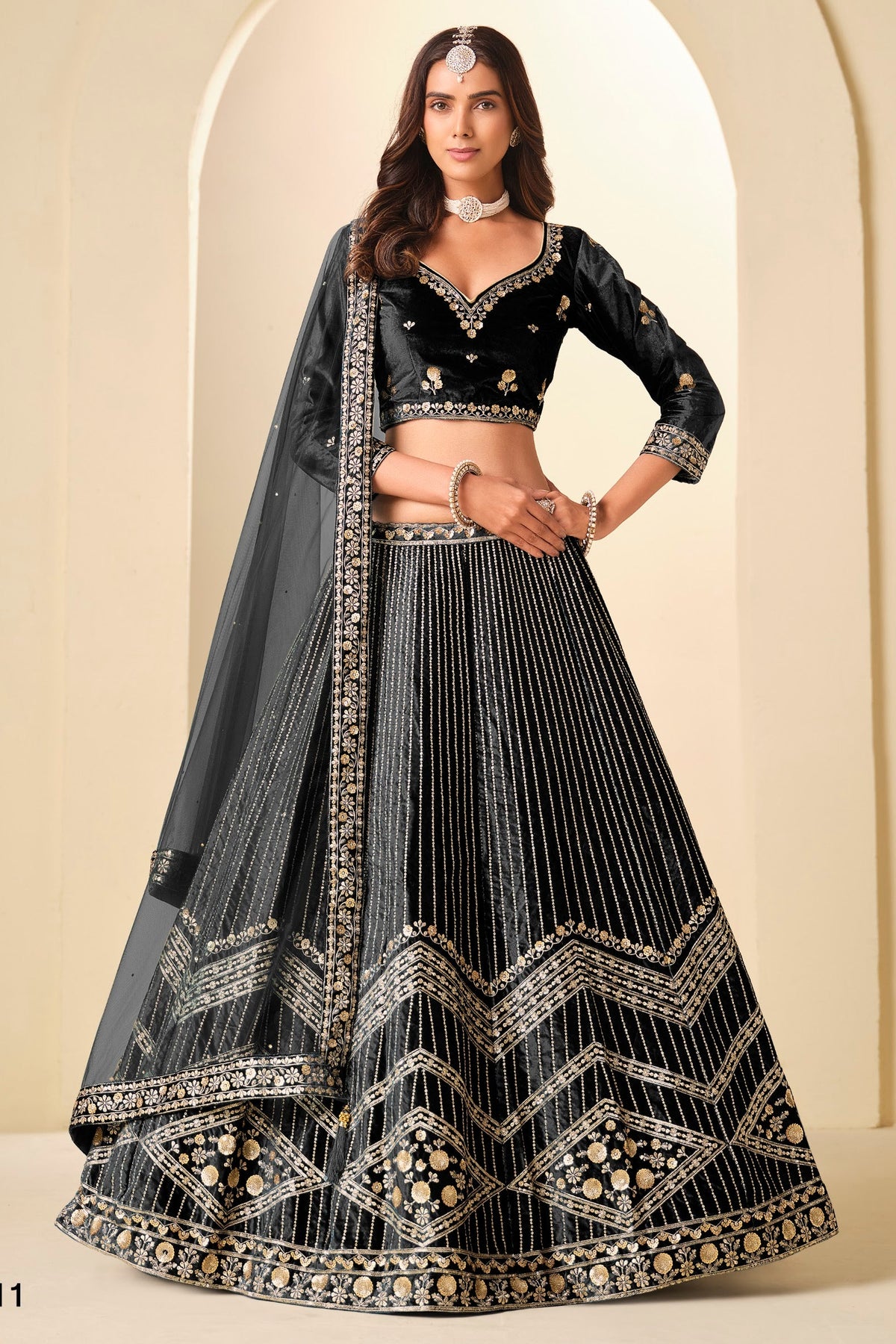 Black Velvet Marriage Lehenga Choli with Sequins