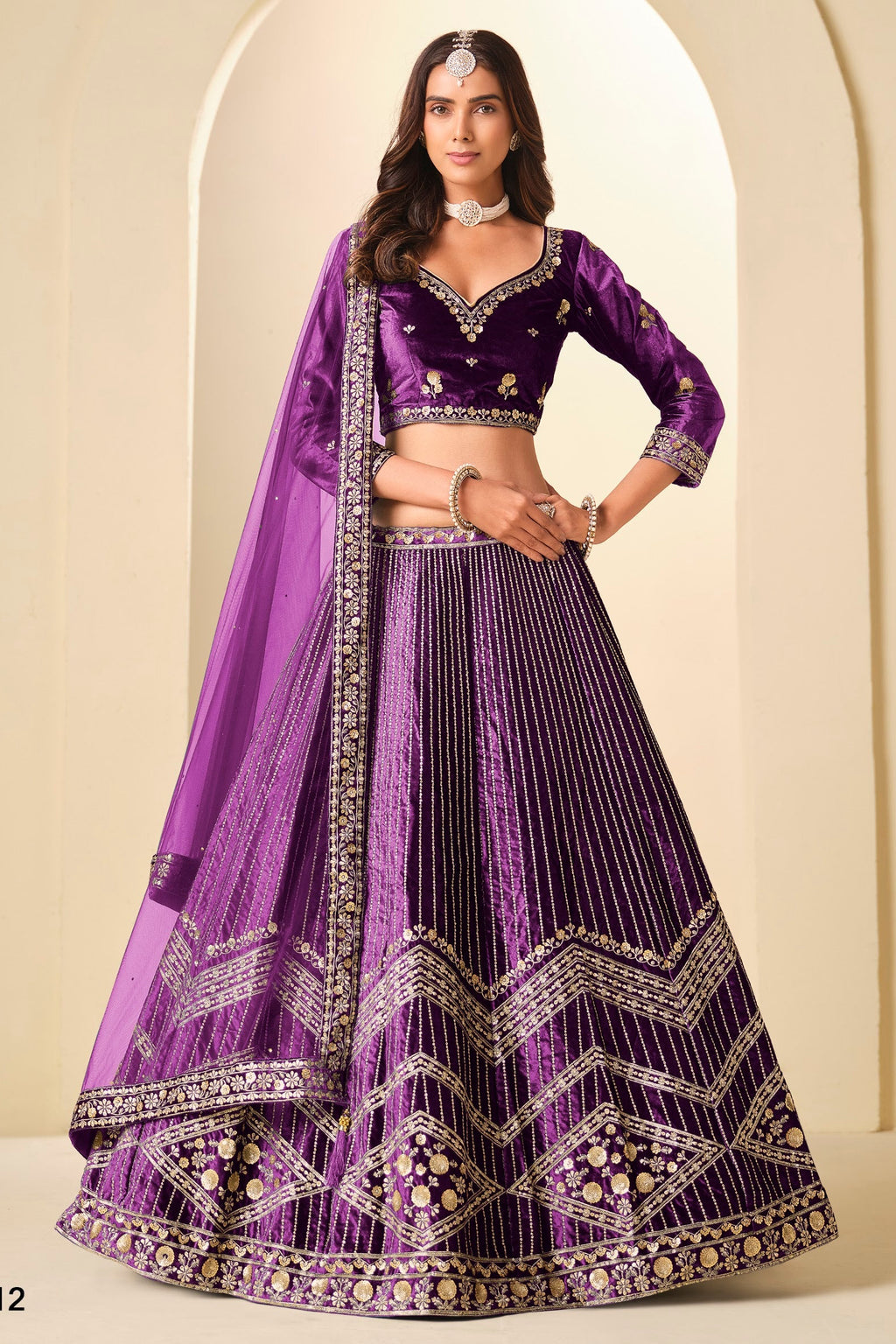 Purple Velvet Marriage Lehenga Choli with Sequins