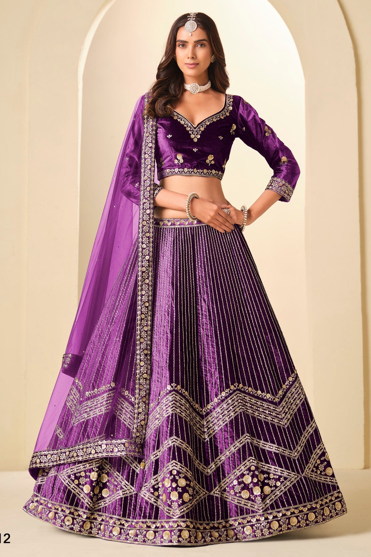 Purple Velvet Marriage Lehenga Choli with Sequins