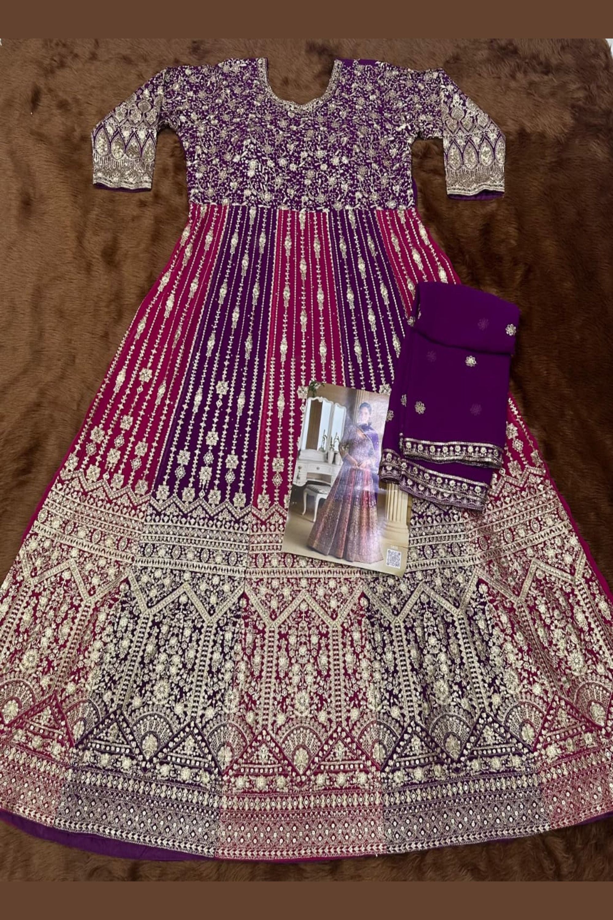 Purple Georgette Anarkali Suit For Indian & Pakistani Wedding Festival - Sequins & Thread Embroidery Work