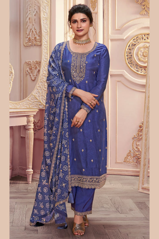 Blue Georgette Silk Kameez with Pant For Indian Suit Festivals & Pakistani Weddings - Embroidery Work