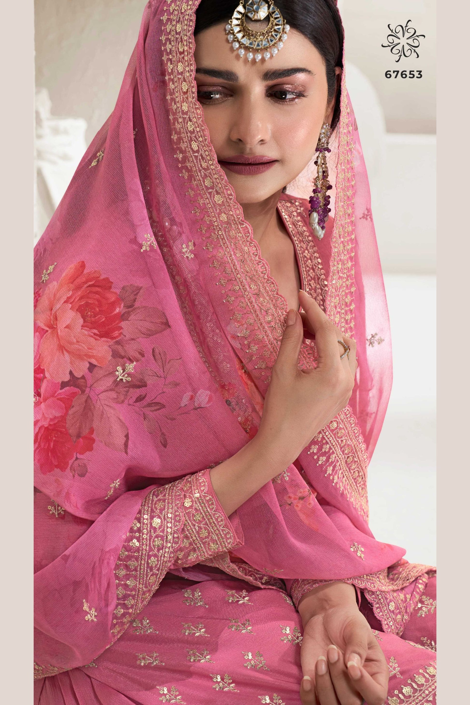 Magenta Chinon Silk Palazzo Suit For Indian Festivals & Pakistani Plazo Weddings Dress - Embroidery Work, Print Work